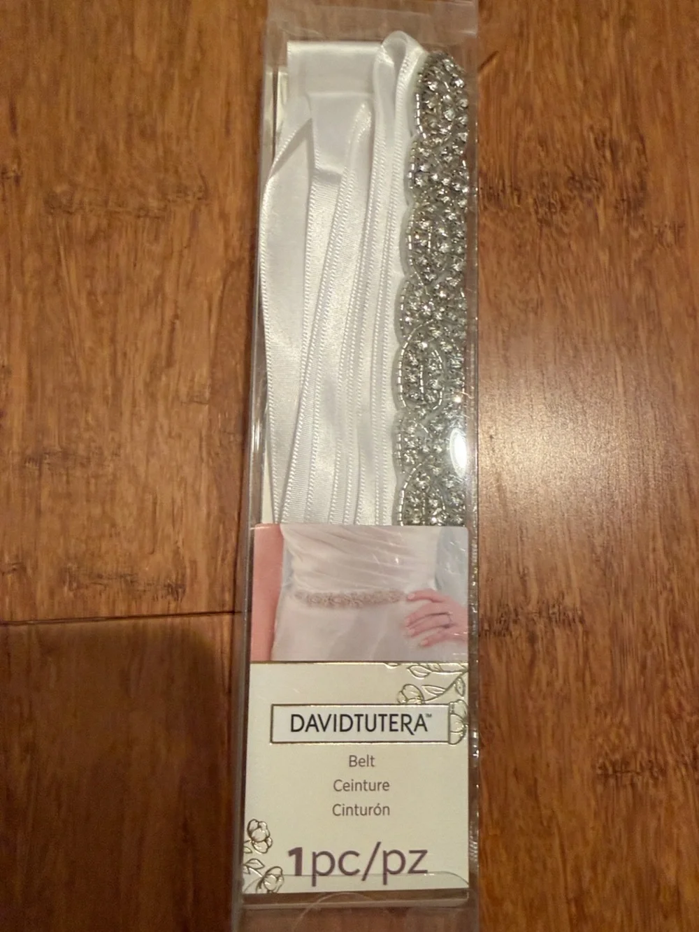 David Tutera White Ribbon Belt with Silver Sequin Trim NEW
